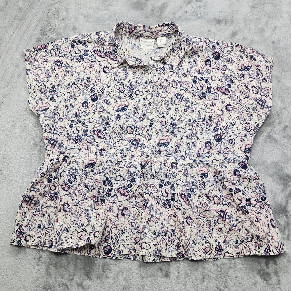 Rachel Zoe Top Womens L Pink Blue Floral Linen Ruffle Hem Peplum Cap Sleeve